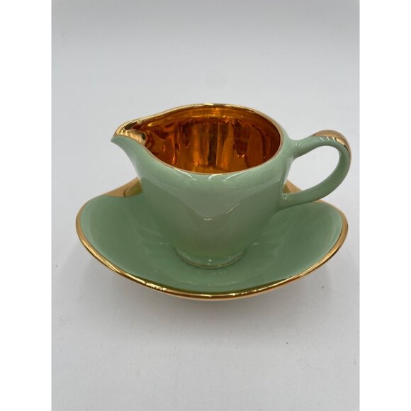 Vintage Figgjo Flint Norway Green & Gold Gravy Boat With Saucer Mid-Century Mode - Picture 1 of 7